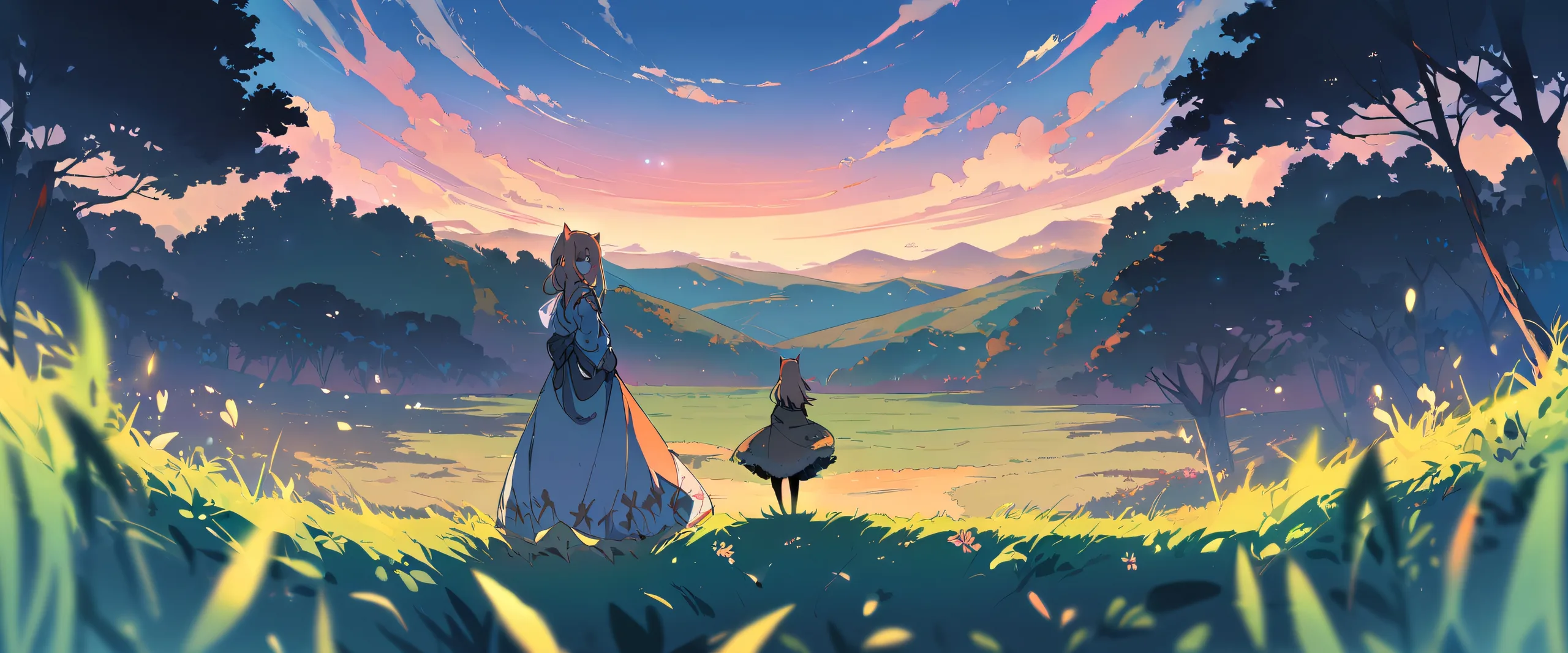 A solo Chainsaw Girl stands in a perfectly clean vast pure void, surrounded by a meadow at the forest edge on your Desktop/PC.