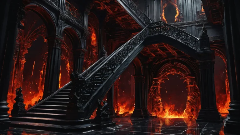 Apocalyptic desktop scene of a horned queen standing amidst a burning chasm on a perfectly clean void background, suitable for desktop/pc use.