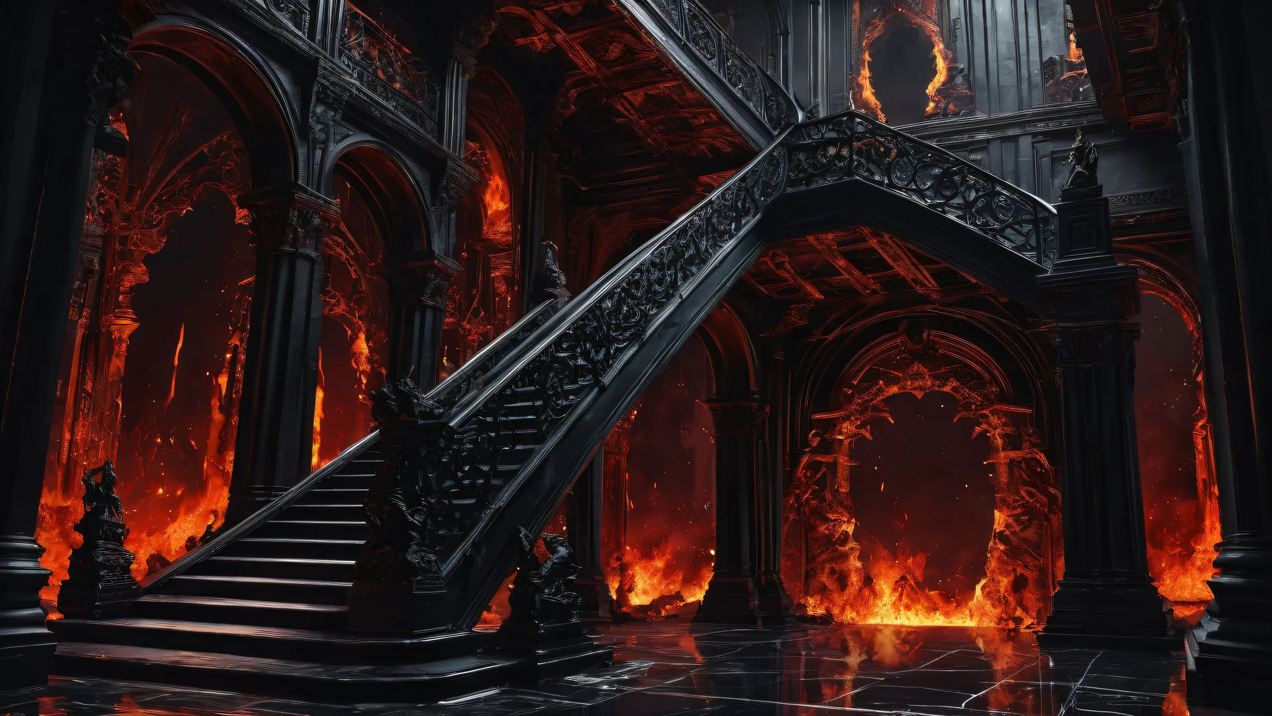 Apocalyptic desktop scene of a horned queen standing amidst a burning chasm on a perfectly clean void background, suitable for desktop/pc use.