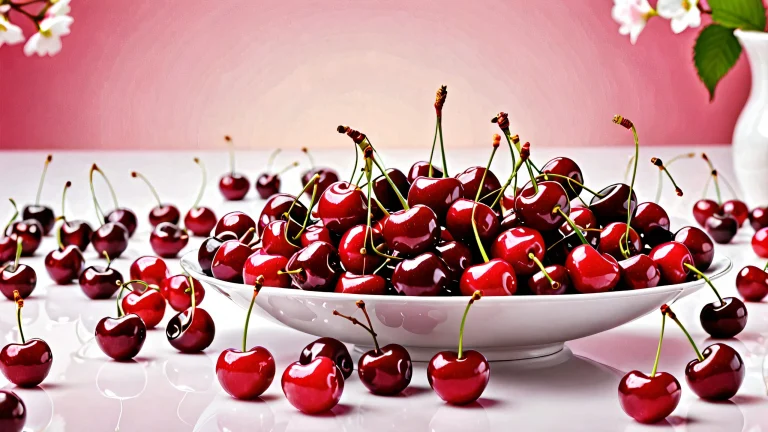 Beautiful cherry still life on a clean and minimalist desktop/PC background with stunning depth of field and subtle low-light ambiance.