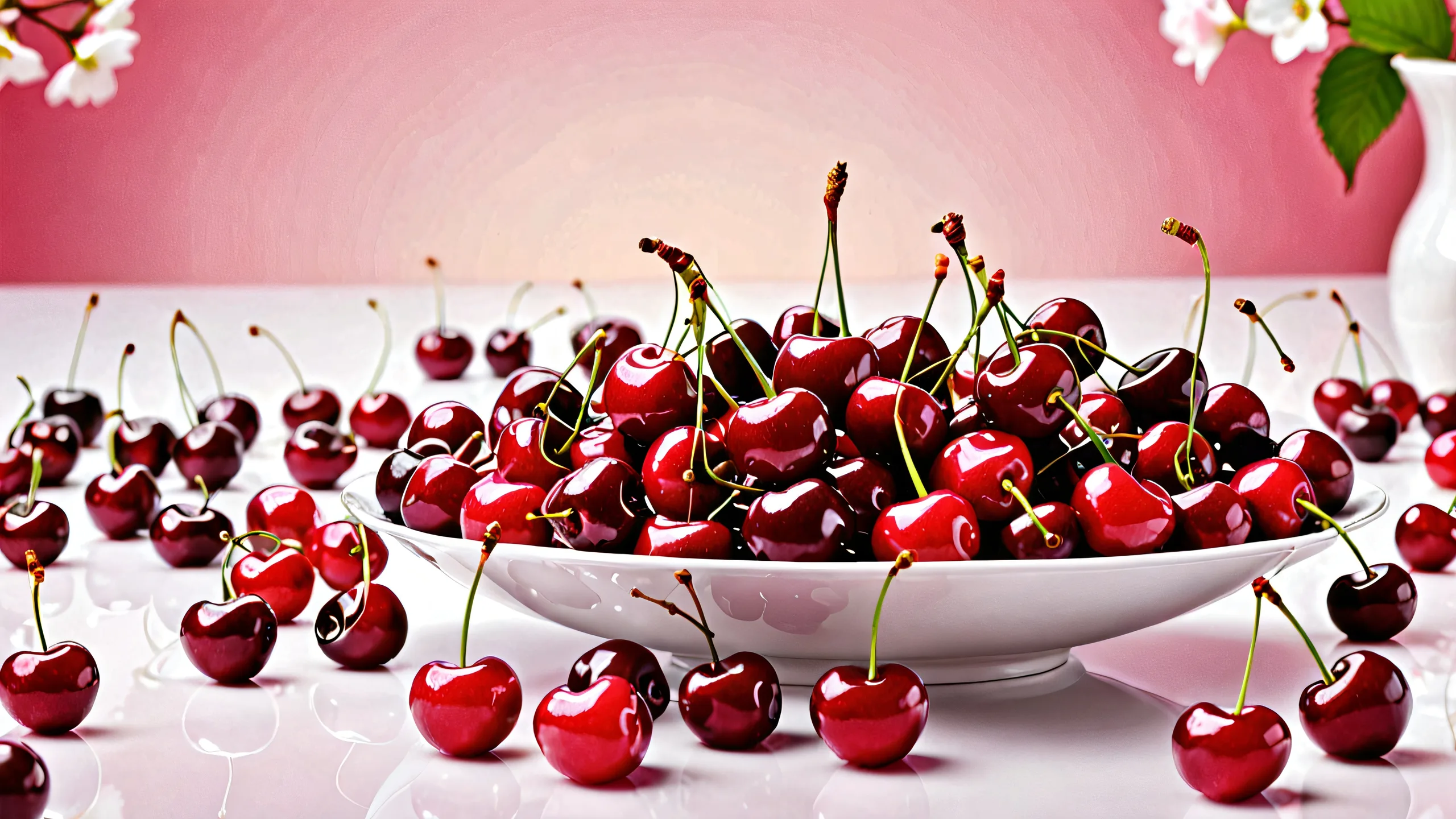 Beautiful cherry still life on a clean and minimalist desktop/PC background with stunning depth of field and subtle low-light ambiance.