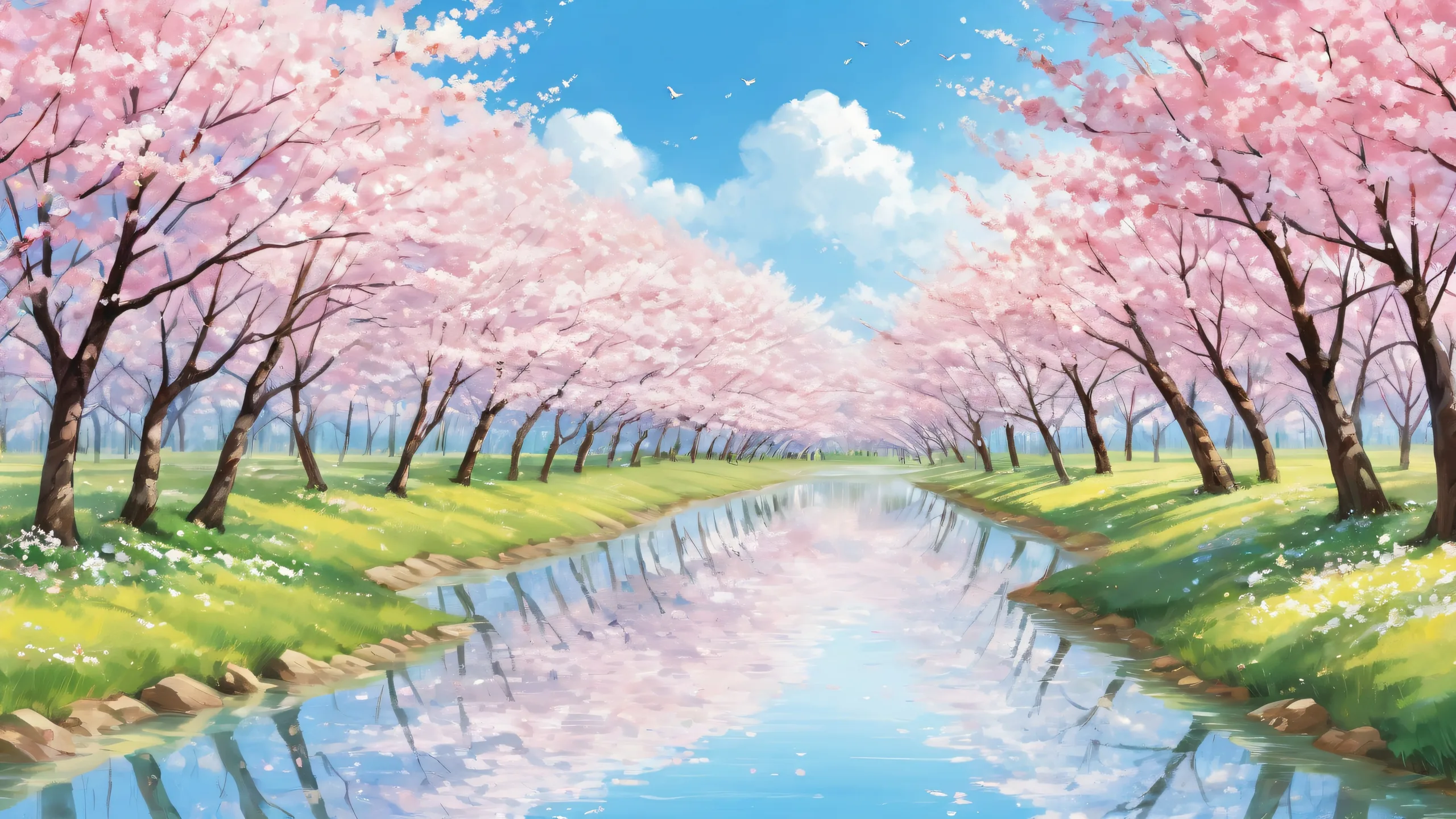 A serene Cherry Blossom Grove on a bright blue desktop/pc background.