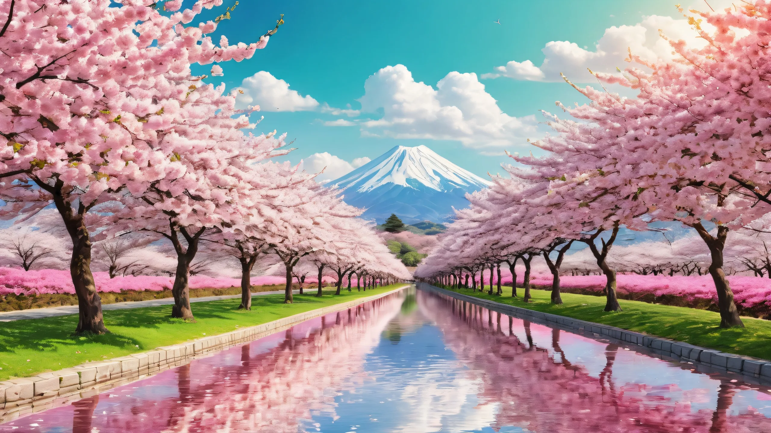Desktop/PC wallpaper featuring cherry blossom trees against a vast pure void with distant clouds and sunny sky, ideal for screen readers.