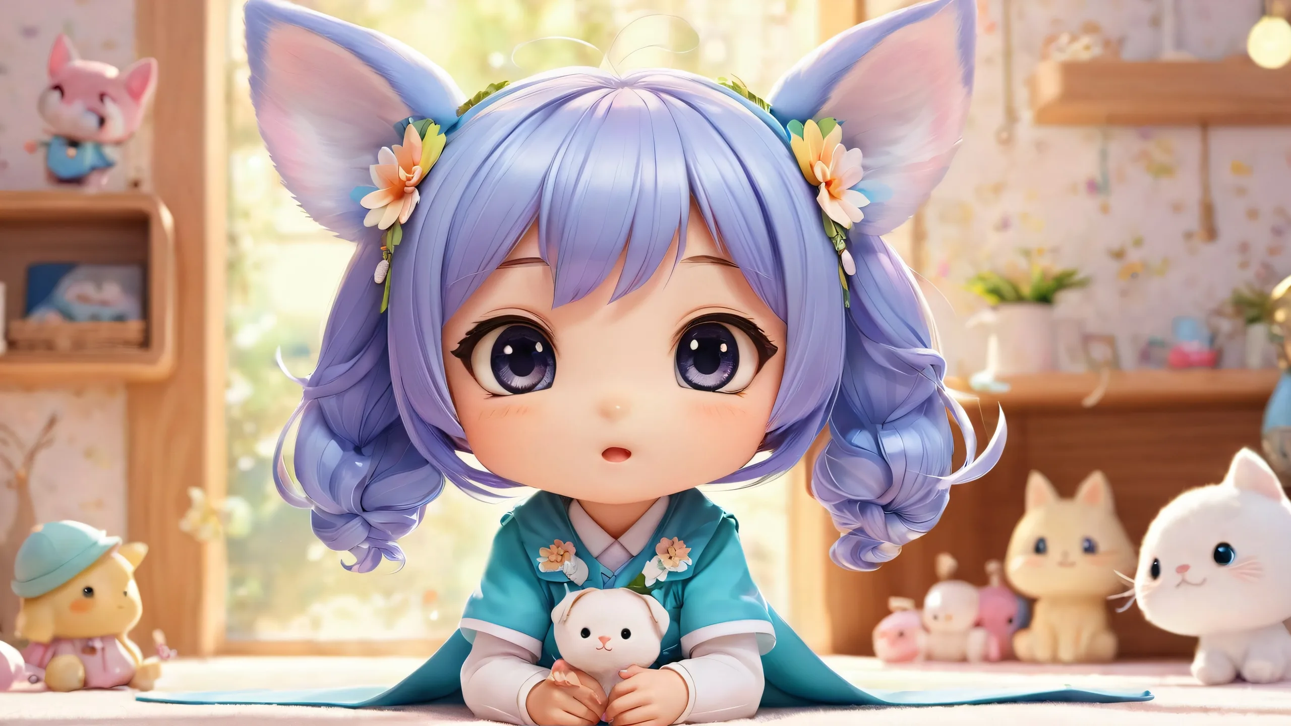 Cute anime-style girls with animal ears on a pure void desktop background suitable for PC or Desktop use.