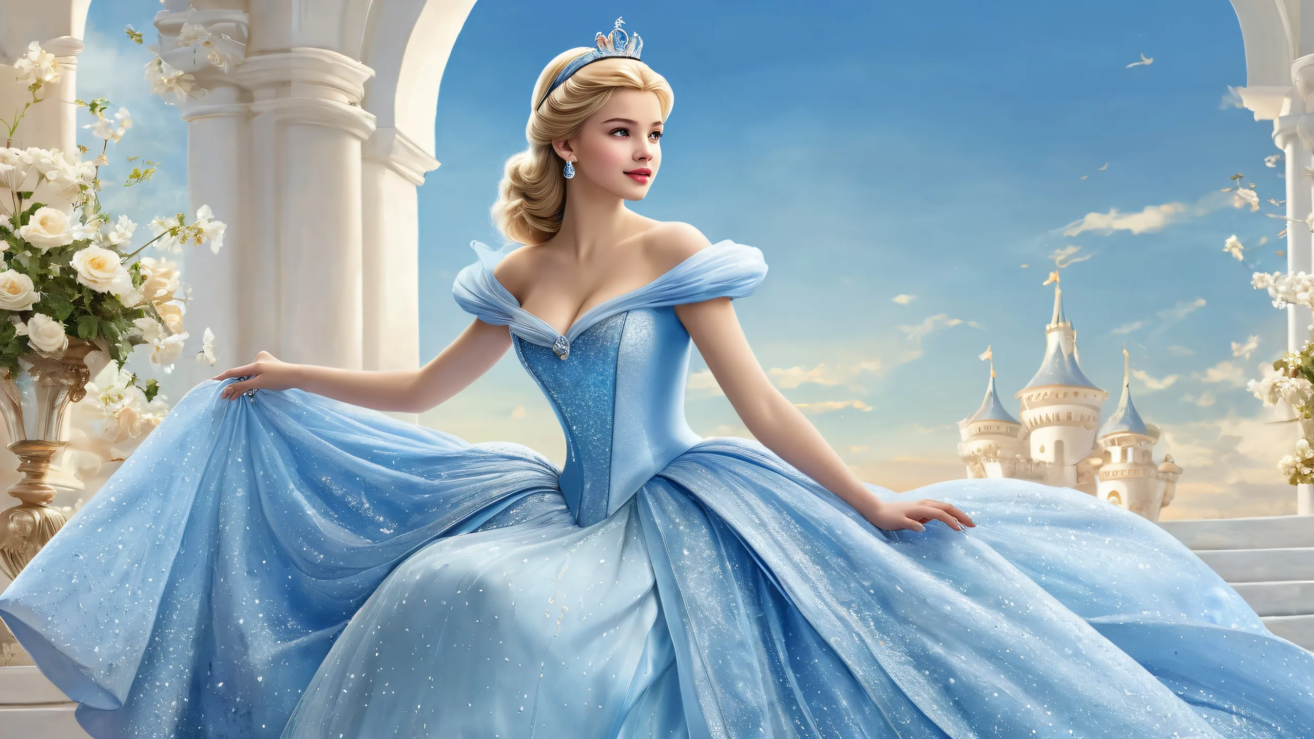 A serene and breathtaking desktop wallpaper of Cinderella set against a vast, pure void with extreme depth of field. Perfect for your PC or Desktop.