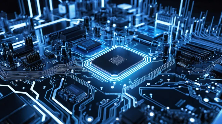 Breathtaking desktop wallpaper of circuitry on a deep blue void with radiant colors and ray-traced reflections, perfect for Desktop/PC use.
