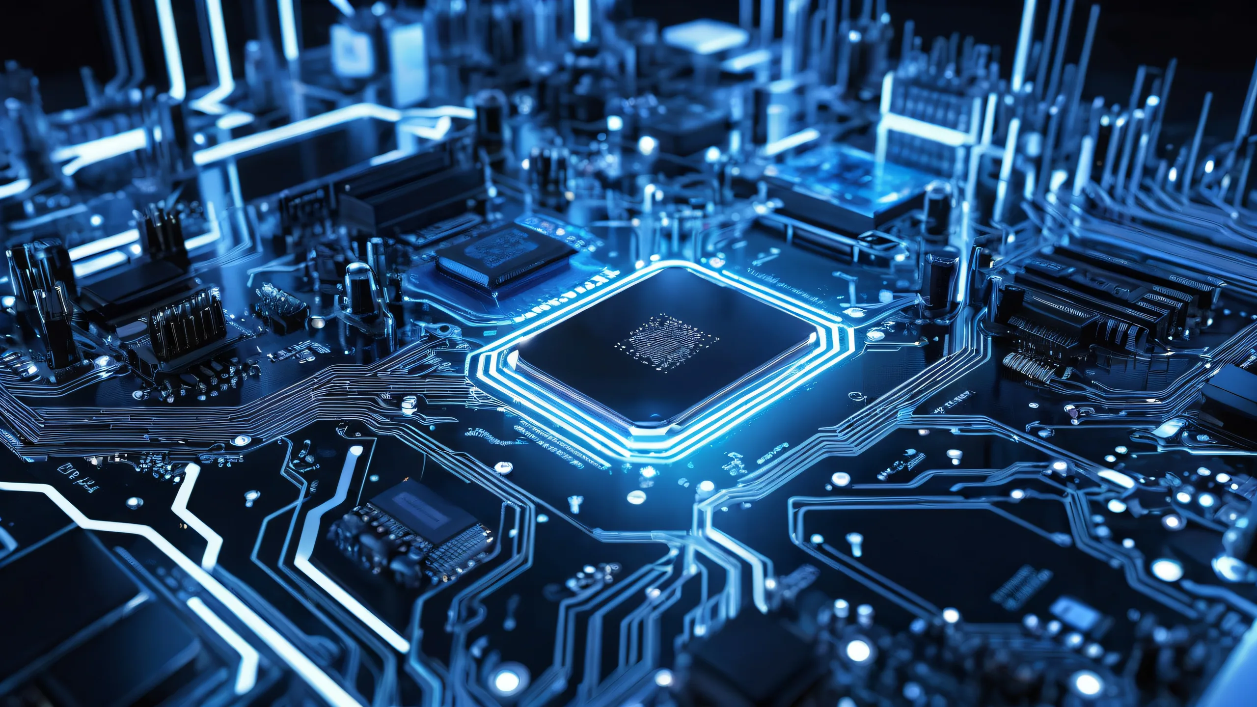 Breathtaking desktop wallpaper of circuitry on a deep blue void with radiant colors and ray-traced reflections, perfect for Desktop/PC use.