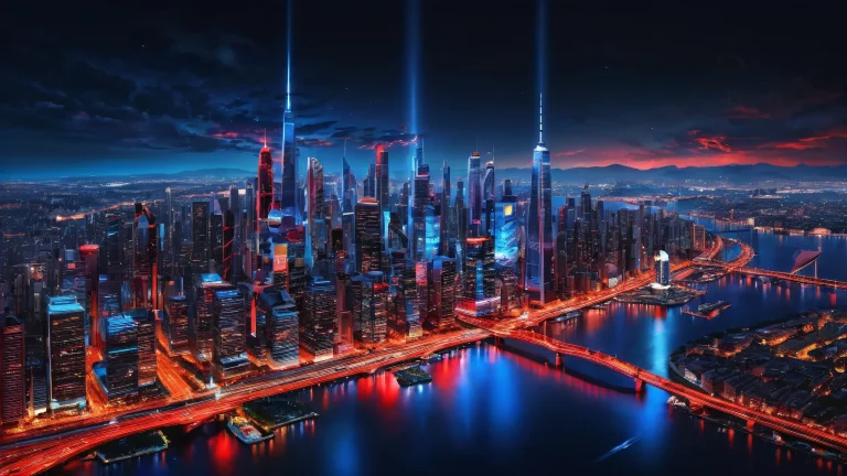 A breathtaking city nightscape on a desktop/pc background with extreme depth of field and dark background.