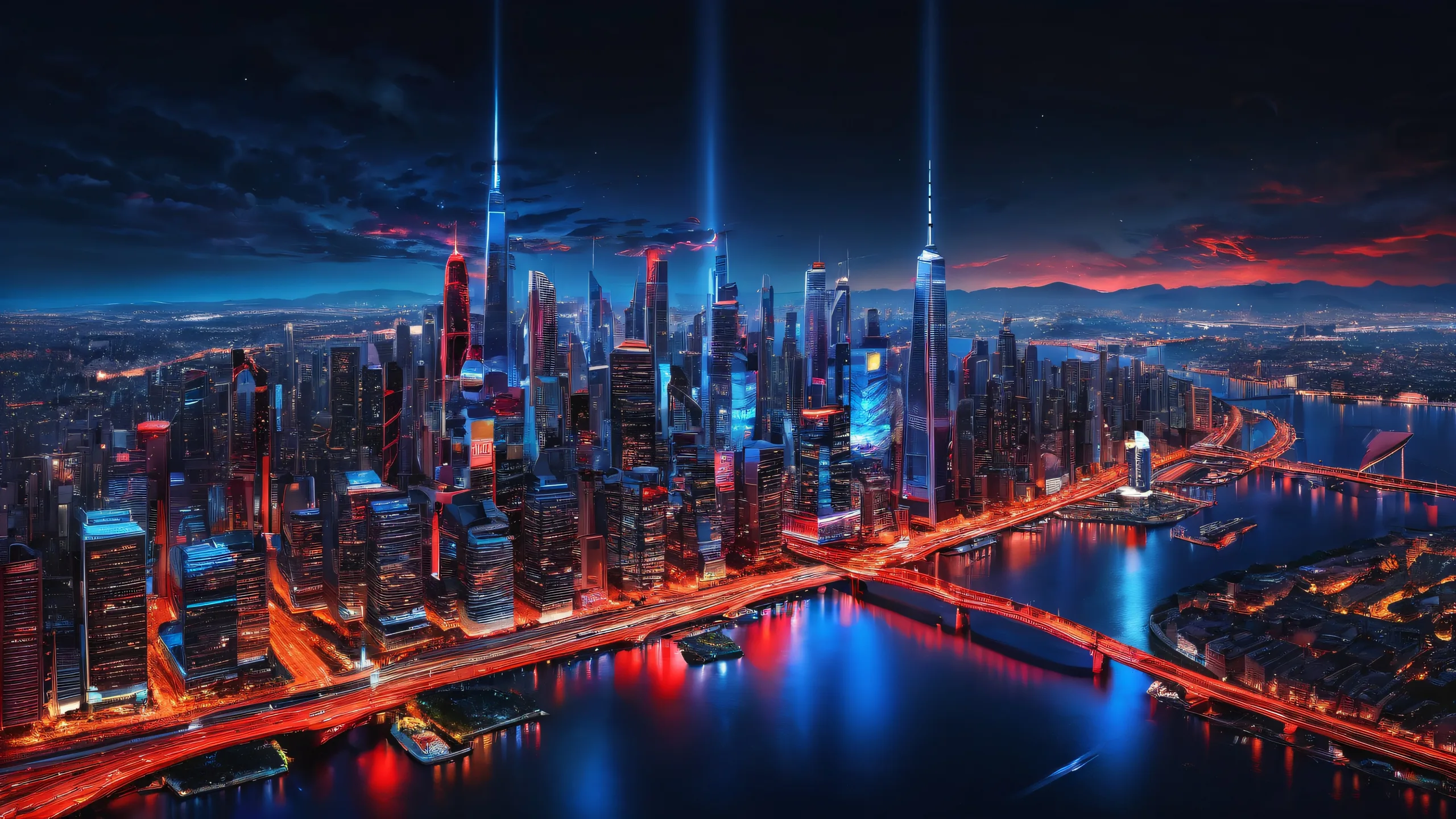 A breathtaking city nightscape on a desktop/pc background with extreme depth of field and dark background.