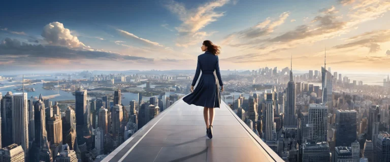 Mature female walking above city on a pristine desktop background for PC and Desktop use.