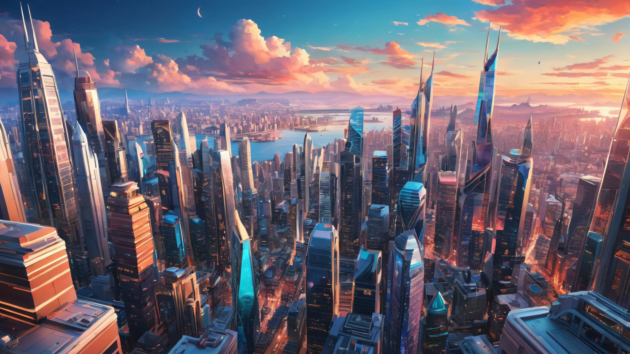 Breathtaking cityscape desktop wallpaper for PC or Desktop featuring futuristic architecture and ethereal lighting.
