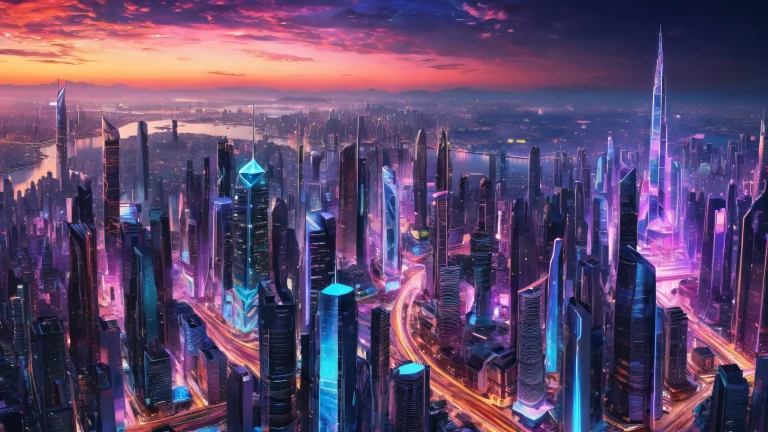 A futuristic cityscape on a pristine void background for desktop/pc use.