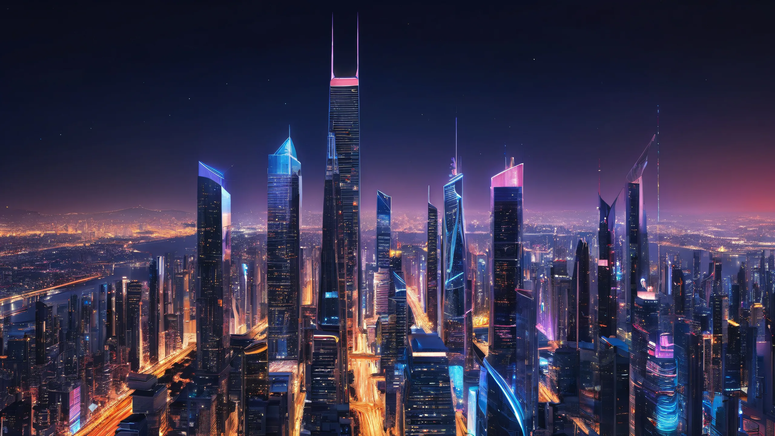 A futuristic cityscape at night with a pure void background for desktop use on PC or Mac, perfect for those who appreciate sci-fi visuals and ethereal lighting.