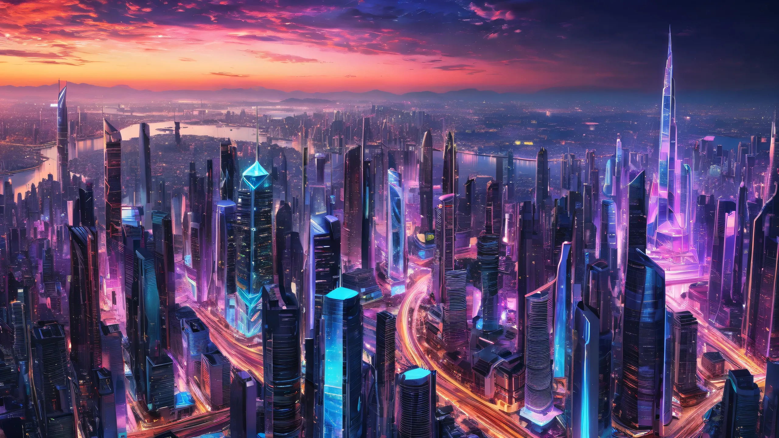 A futuristic cityscape on a pristine void background for desktop/pc use.