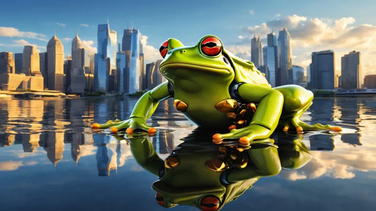 Mechanical Frog and city skyline reflected on the water, perfect for desktop/PC