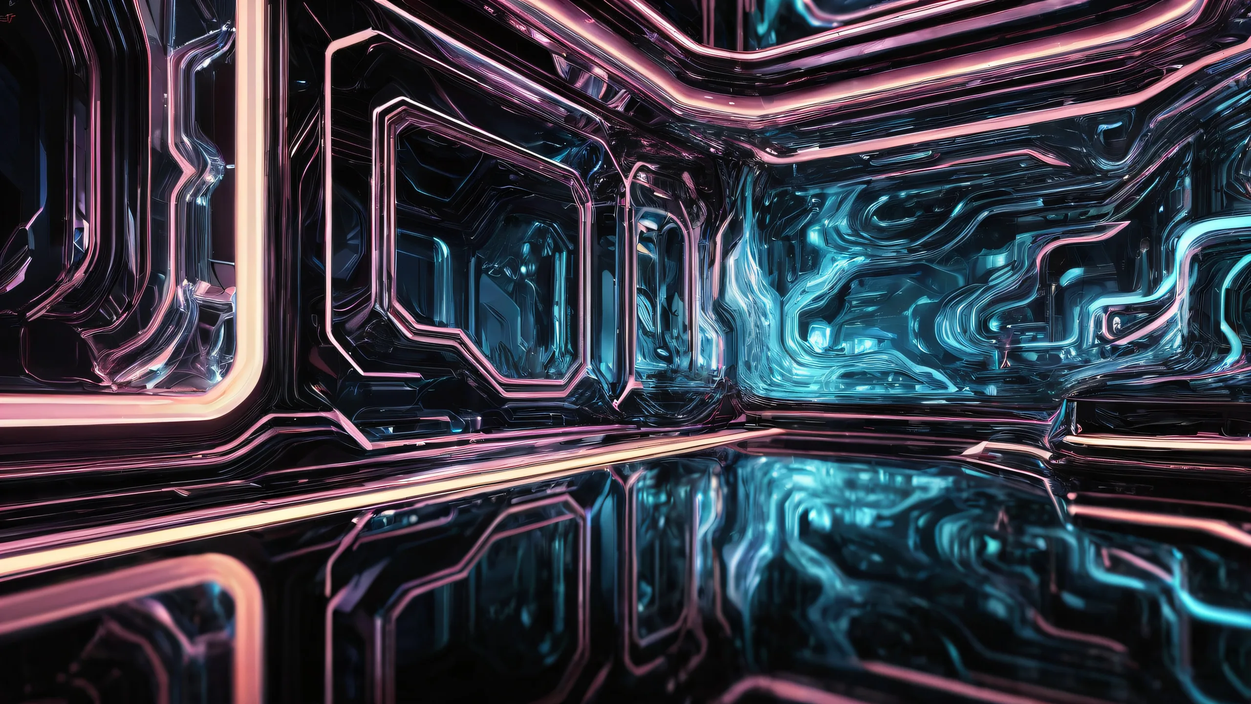 A stunning cyberpunk desktop wallpaper featuring a vast, dark void with radiant light and textured circuitry details. Suitable for Desktop/PC use.