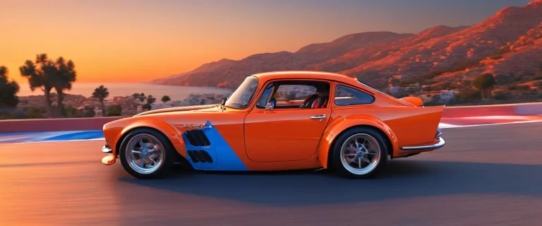 Classic car drift scene on a pristine Mediterranean sunset backdrop, perfect for Desktop/PC screens