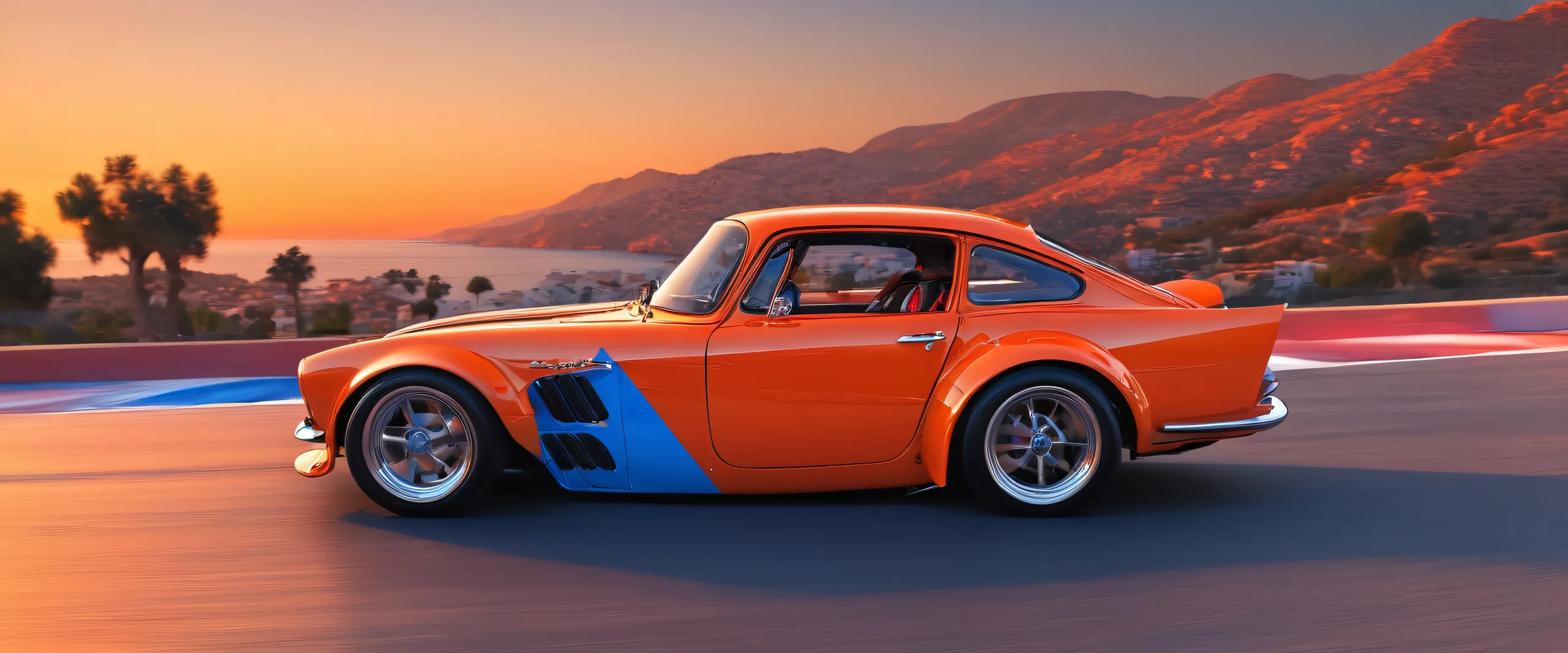 Classic car drift scene on a pristine Mediterranean sunset backdrop, perfect for Desktop/PC screens