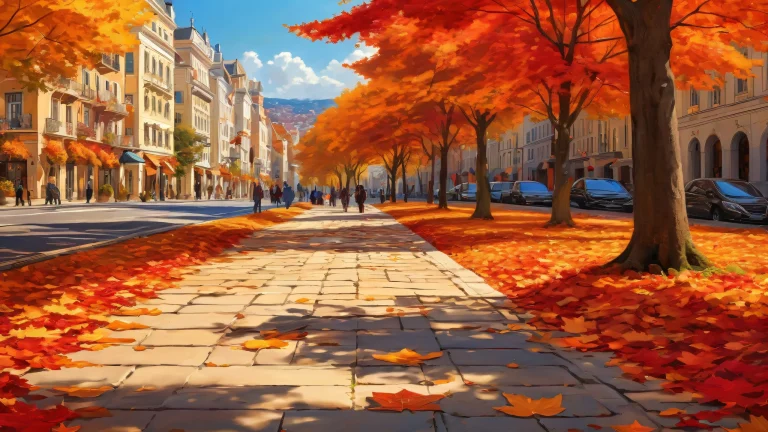 Breathtaking desktop wallpaper of Coastal City in golden autumn with vibrant red and orange foliage, perfect for your Desktop/PC.