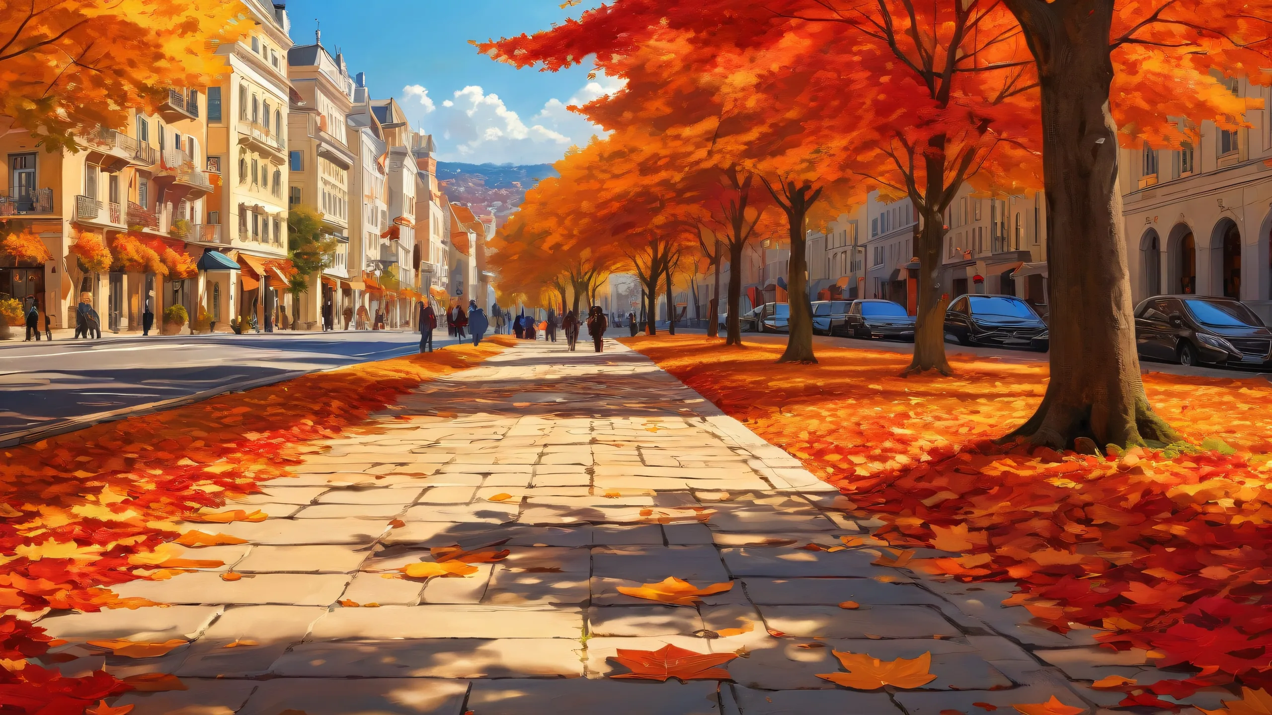 Breathtaking desktop wallpaper of Coastal City in golden autumn with vibrant red and orange foliage, perfect for your Desktop/PC.