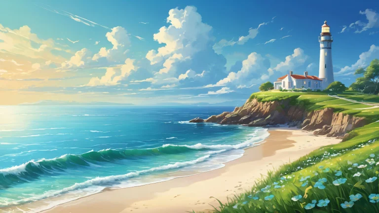 A serene coastal haven with a distant lighthouse on a pure blue sea, perfect for your desktop/PC.