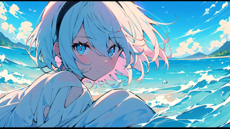 A young girl stands alone on a vast, open coast with clear blue sky and pure water, looking directly at the viewer.