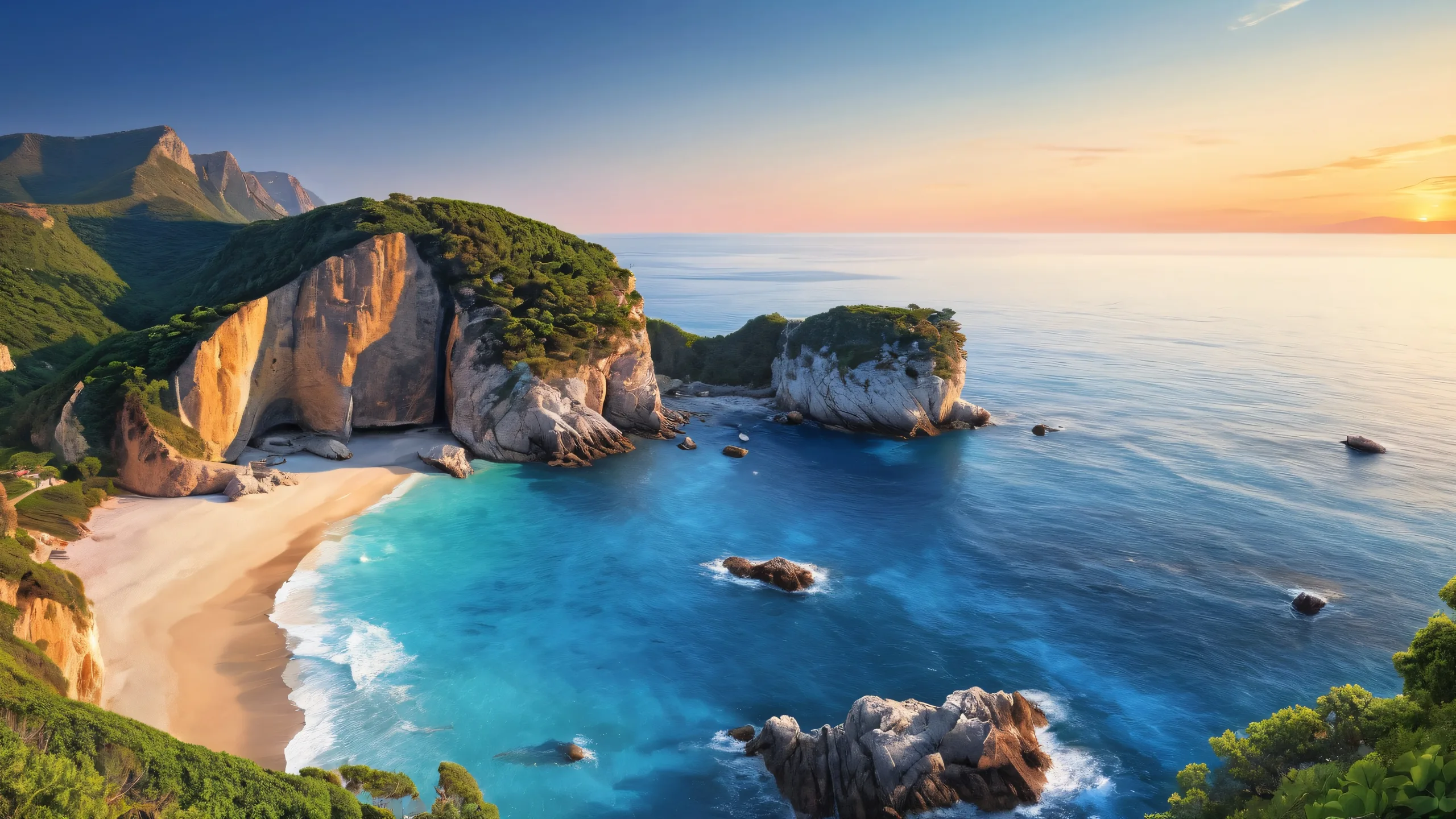 Serene coastline desktop scene with lush summer vegetation and intense sunlight for a desktop/pc background