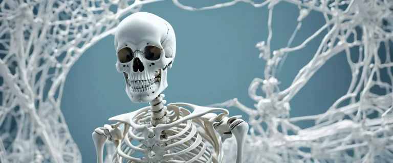 Ancient skeleton surrounded by technology on a darkly lit desktop/pc background with cobwebs and ethereal lighting.