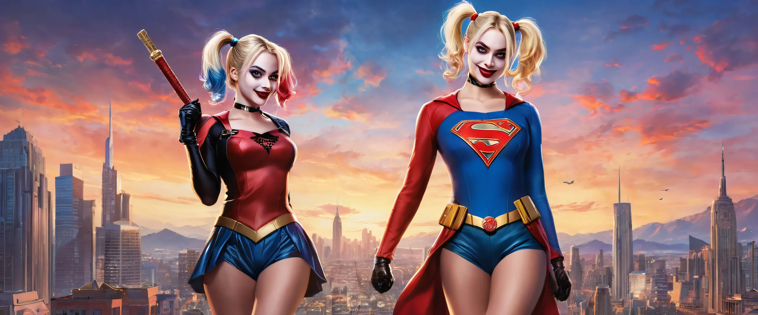 Ethereal desktop scene featuring Harley Quinn and Supergirl set against a pure void with extreme depth of field, perfect for PC or Desktop use.
