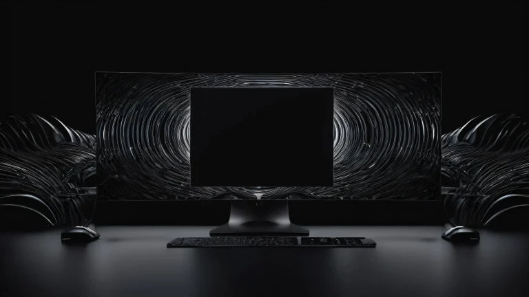 A stunning dark mode desktop wallpaper featuring a computer and a vast, pure void with deep blacks, contraste saisissant, and luminescent accents for a futuristic feel. Perfect for Desktop/PC users.