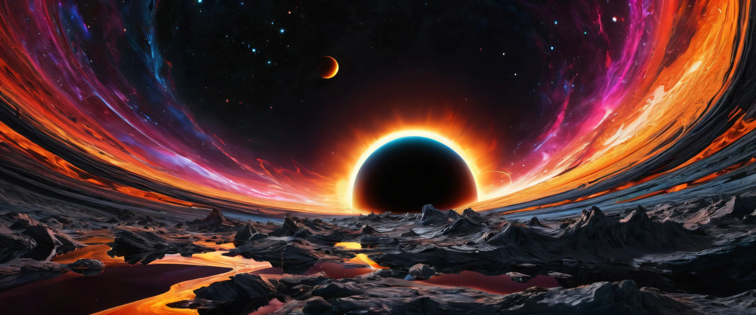 Desktop/PC background featuring a stunning black hole with vibrant colors and ray-traced reflections.