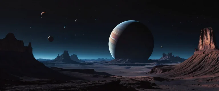 A stunning desktop wallpaper of Mesa featuring a stack of dead planets and Saturn's ring system on a slate blue and bruised purple cosmic landscape, perfect for your Desktop/PC.