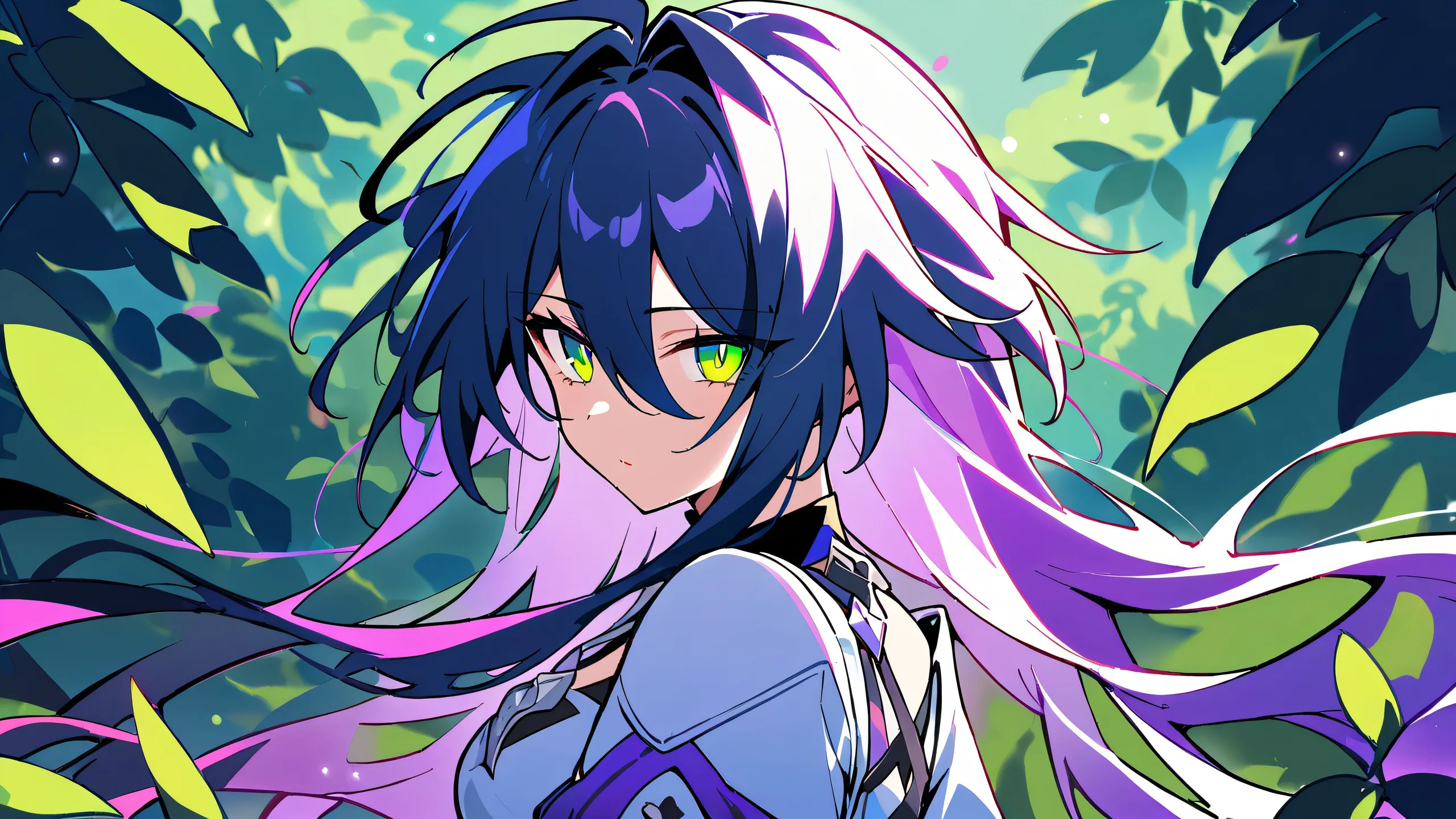 A serene and peaceful anime-inspired desktop wallpaper featuring a girl gazing into the distance, set against a leafy background and vast pure void with extreme depth of field. Suitable for a desktop or PC.
