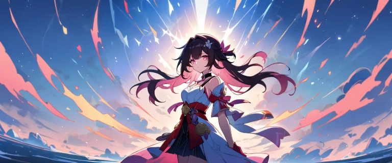 A solo girl looks directly at the viewer amidst a perfectly clean vast pure void, surrounded by an epic wide shot of a bright and airy sky with ethereal lighting, anime coloring, and realistic details, best suited for desktop/pc use.