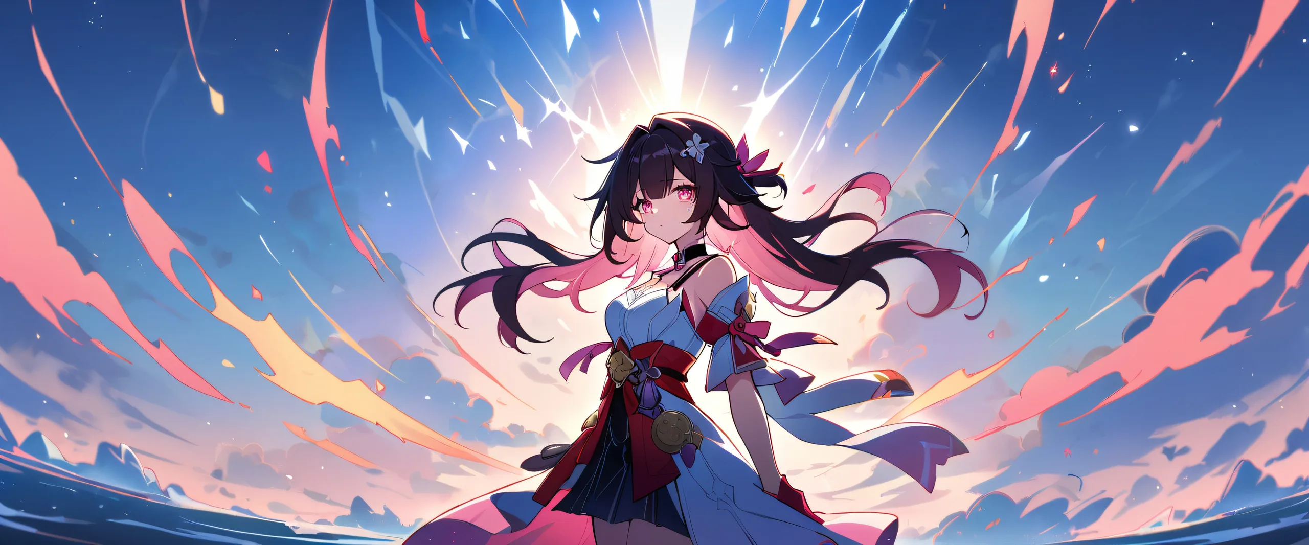 A solo girl looks directly at the viewer amidst a perfectly clean vast pure void, surrounded by an epic wide shot of a bright and airy sky with ethereal lighting, anime coloring, and realistic details, best suited for desktop/pc use.