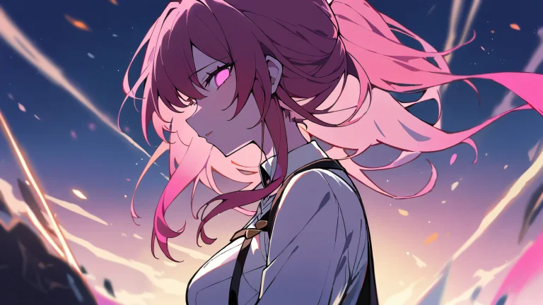 A girl gazing at the viewer against a perfectly clean vast pure void with an extreme depth of field, on a desktop/PC.