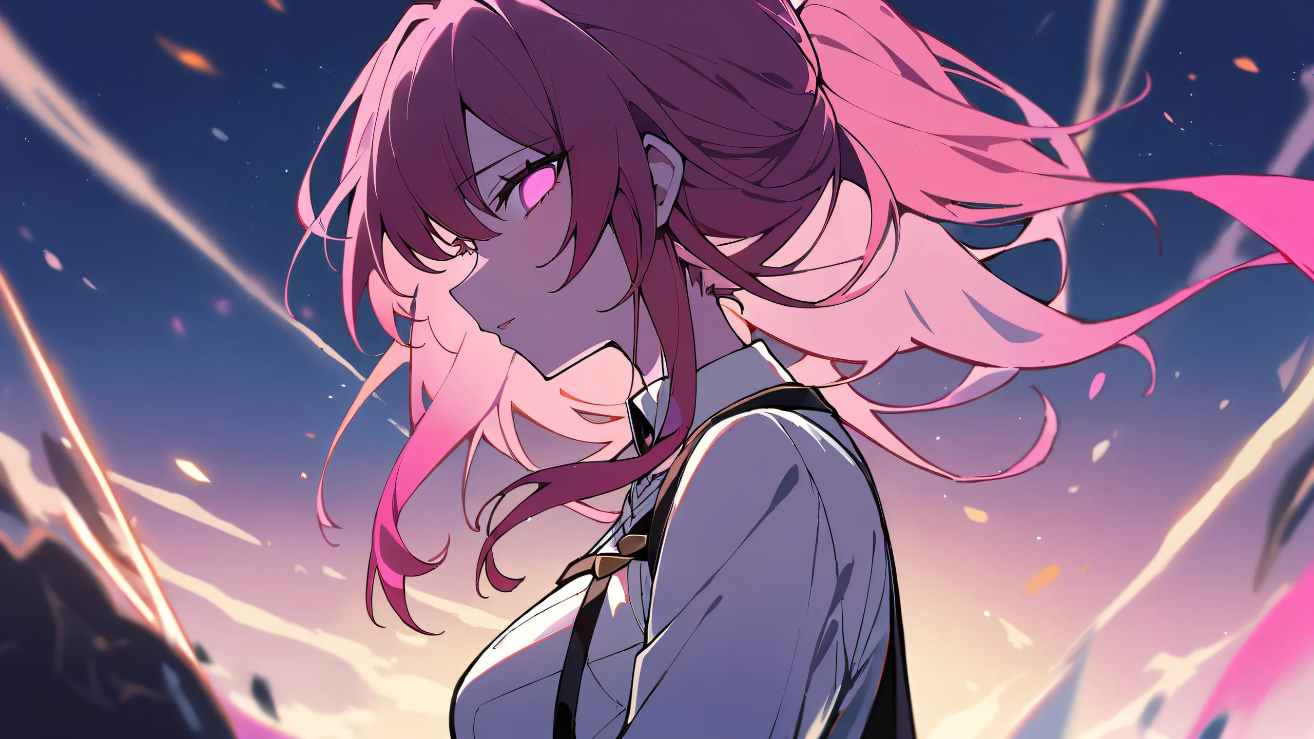 A girl gazing at the viewer against a perfectly clean vast pure void with an extreme depth of field, on a desktop/PC.