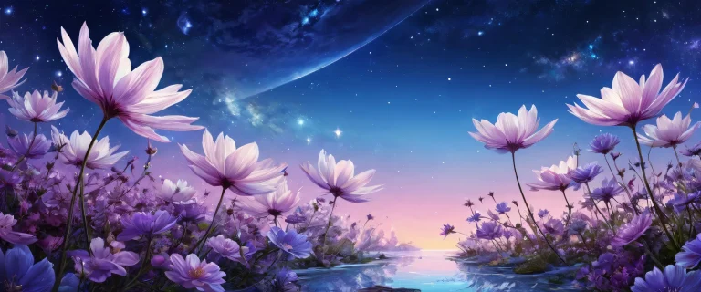 A breathtaking desktop wallpaper of cosmic blooms on a pure void with radiant colors and ray-traced reflections for Desktop/PC.