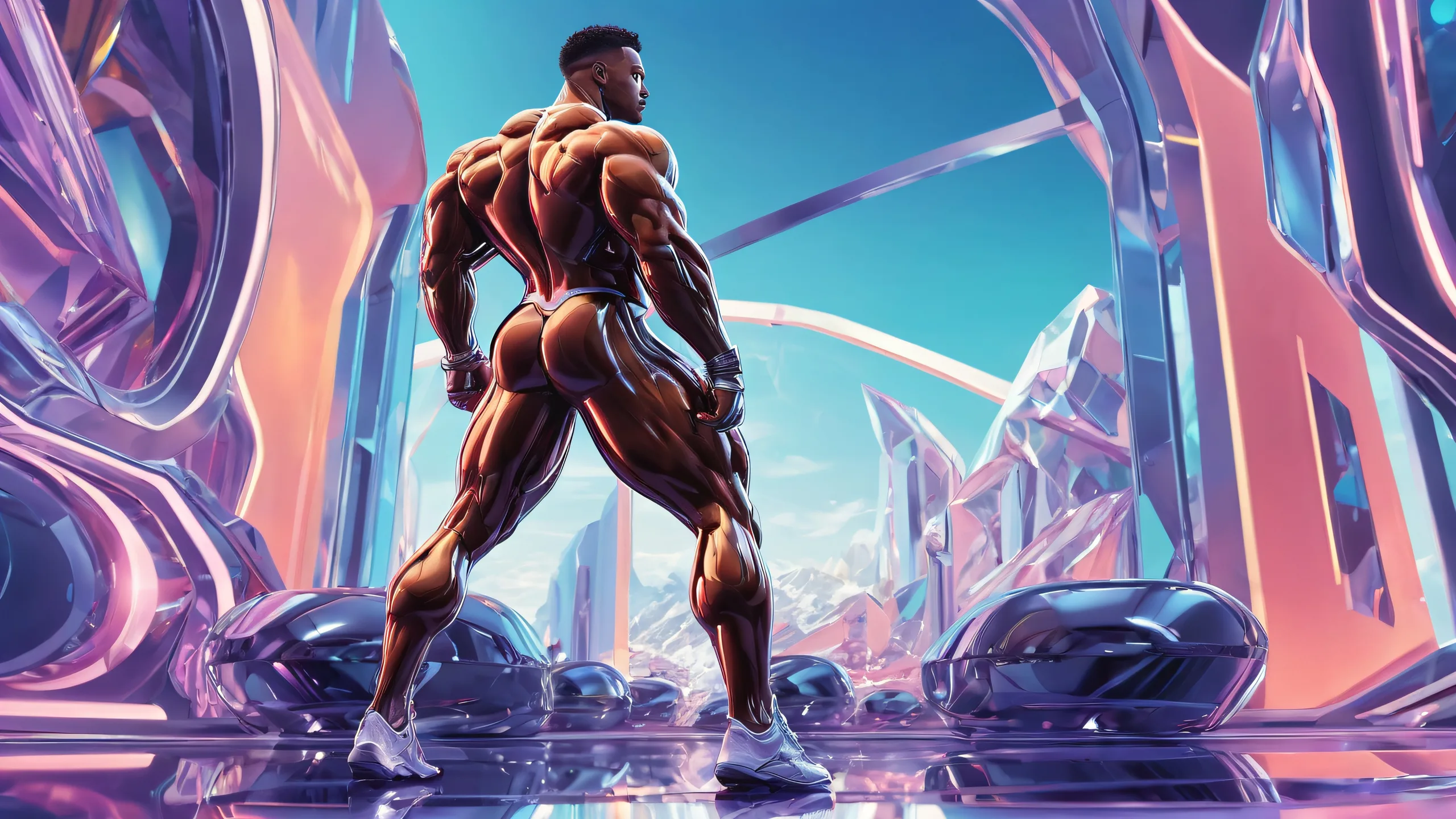 Cosmic Bodybuilding Odyssey 4K UHD Wallpaper A futuristic bodybuilding scene on a pristine desktop/pc background with ethereal lighting and brilliant colors.