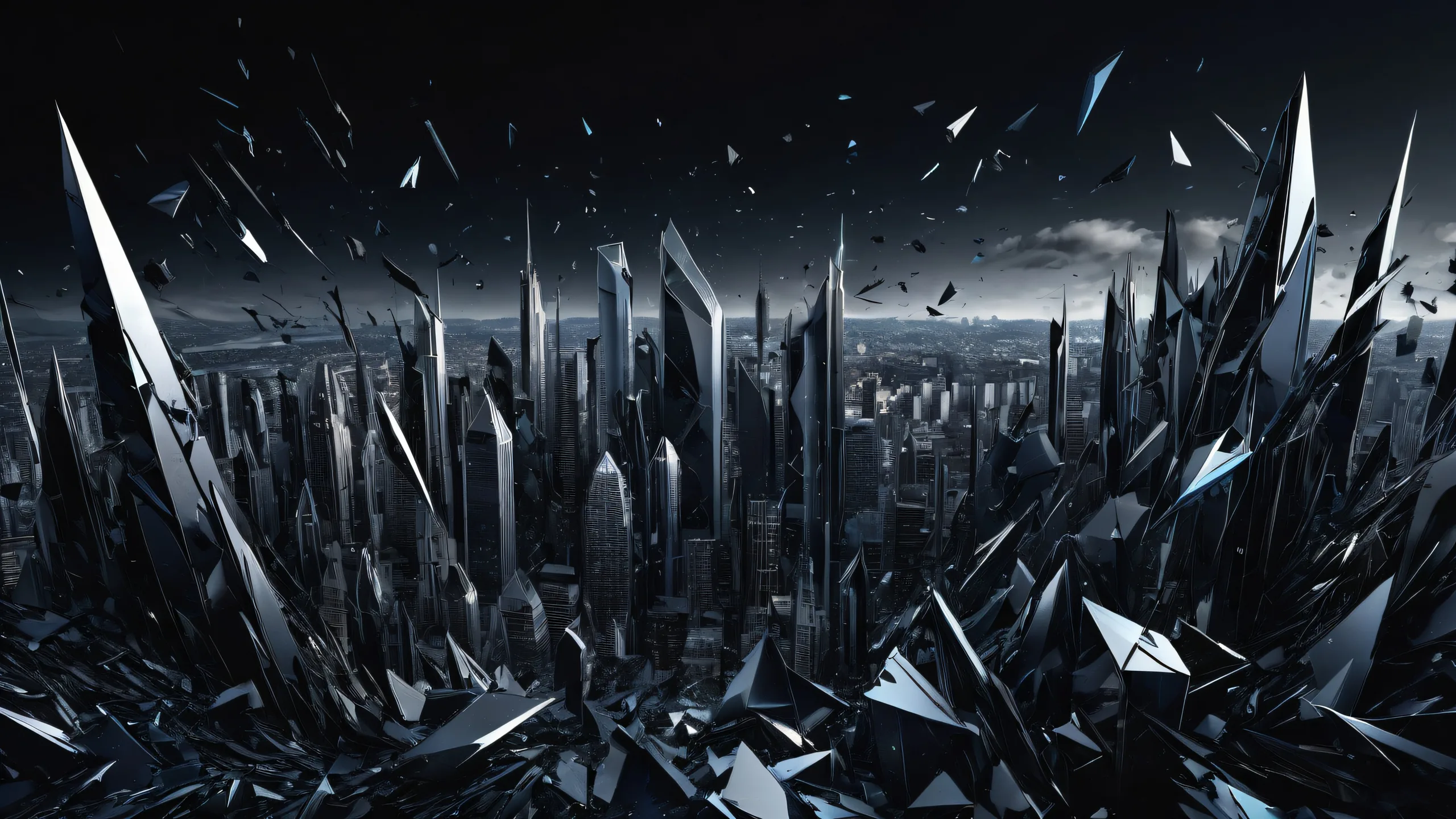 Stunning desktop wallpaper featuring a cityscape in the background against a vast pure void with falling shards, perfect for desktop/pc use.