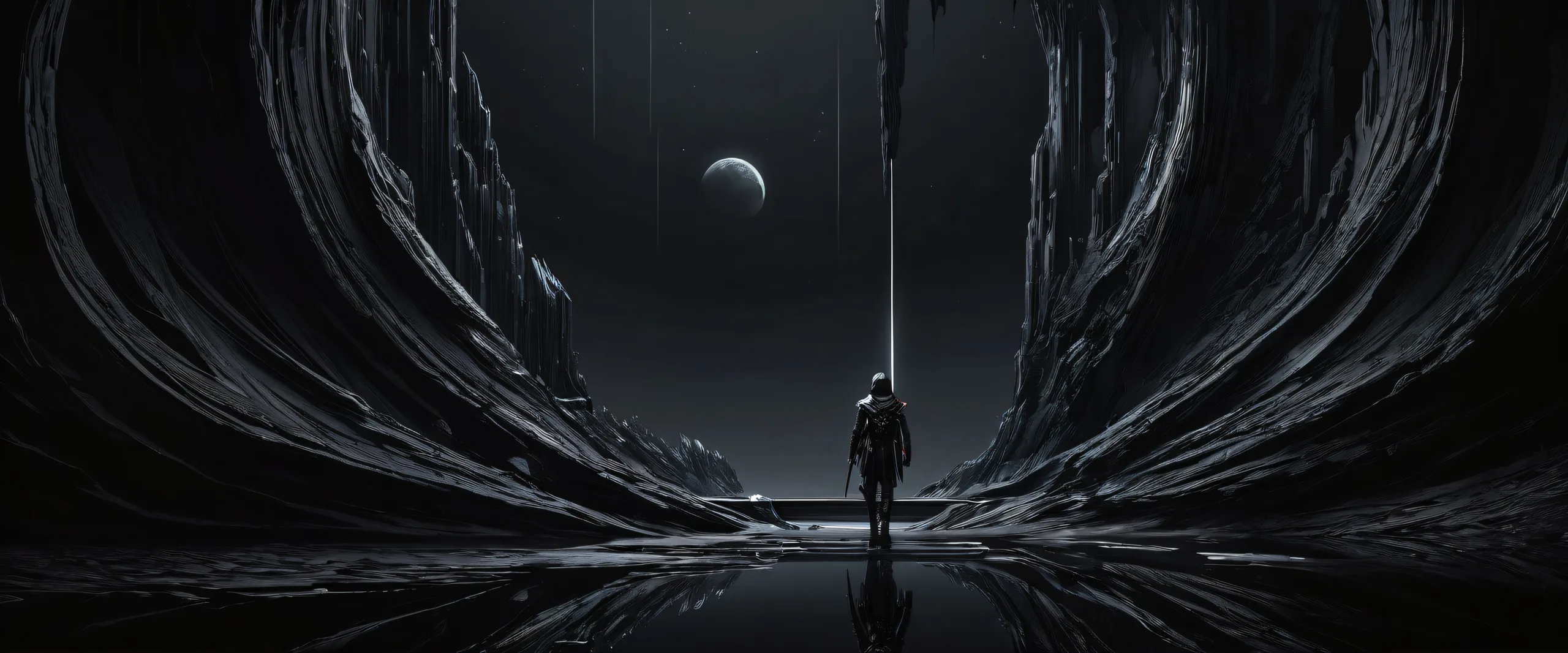 A sleek dark mode desktop background featuring a pure void with deep blacks and luminescent accents, perfect for a PC or Desktop.