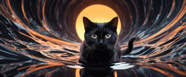 A majestic black hole cat sits majestically against a vast pure void, perfectly clean and pristine, on a Desktop/PC screen.