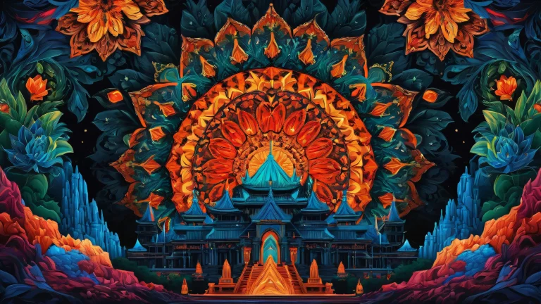 A futuristic desktop image of a dark void with volcanic temples in the distance, perfect for desktop/pc use.