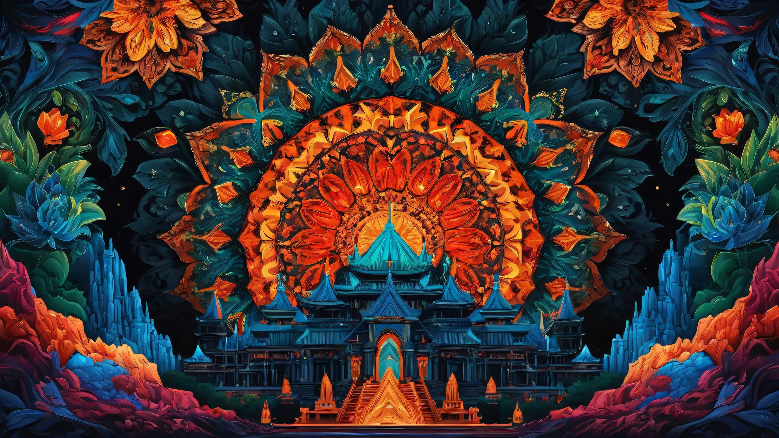 A futuristic desktop image of a dark void with volcanic temples in the distance, perfect for desktop/pc use.