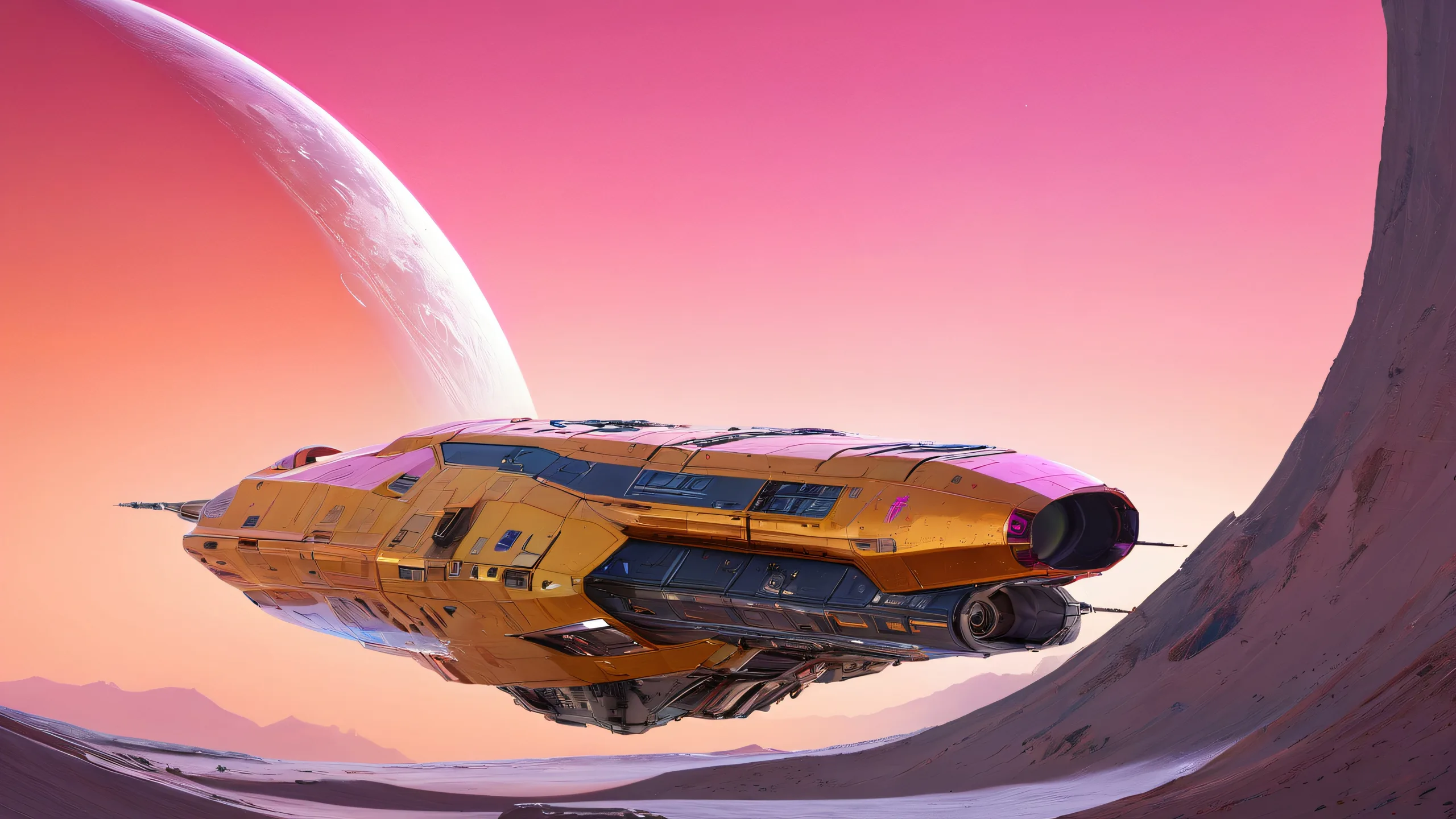 A stunning futuristic spacecraft construction in the distance on a pristine pure void Desktop/PC wallpaper, featuring vibrant colors and ethereal lighting.