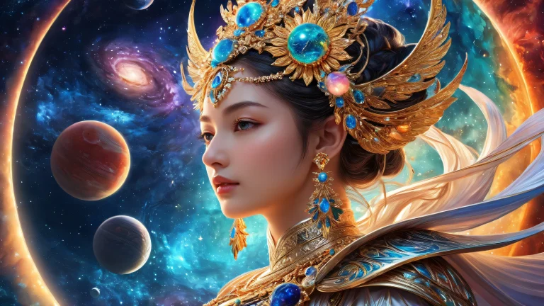 A serene desktop wallpaper featuring the Goddess of the Cosmos amidst a vast pure void, perfect for your Desktop/PC