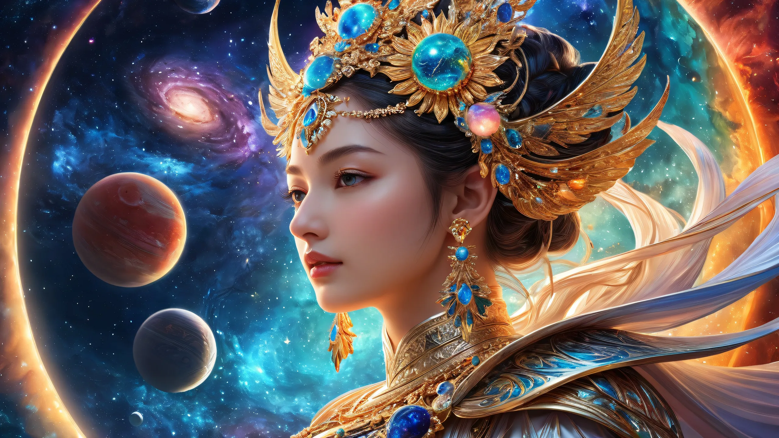 A serene desktop wallpaper featuring the Goddess of the Cosmos amidst a vast pure void, perfect for your Desktop/PC