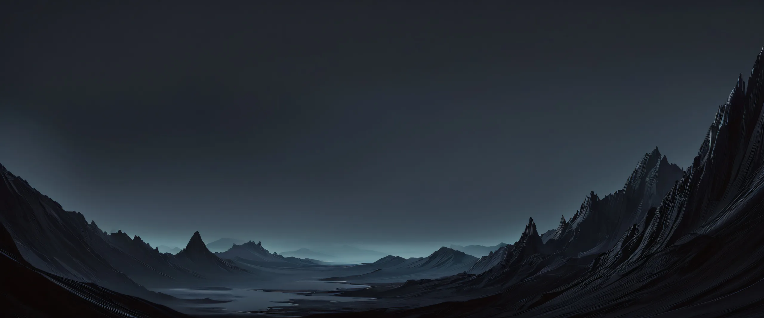 Unreal shapes against a pure void backdrop on a desktop/PC, with misty morning atmosphere and deep blacks.