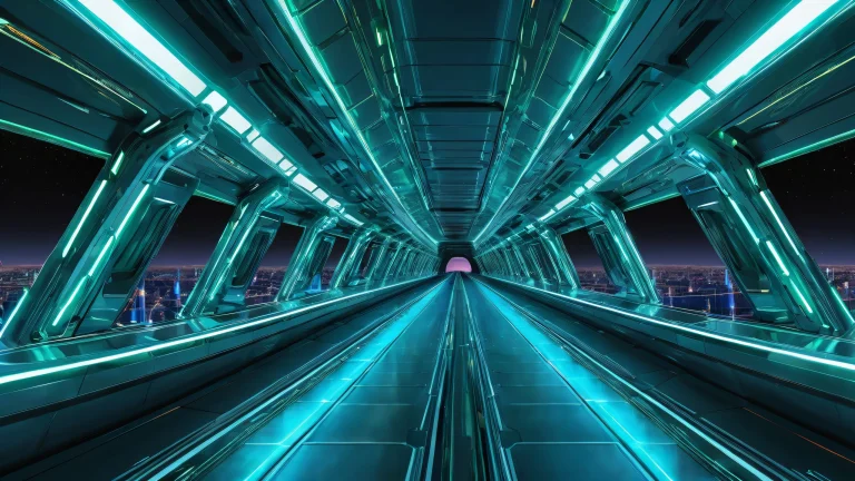 Ethereal cyberpunk Starship Bridge desktop background for PC and Mac. Deep blues, neon greens.