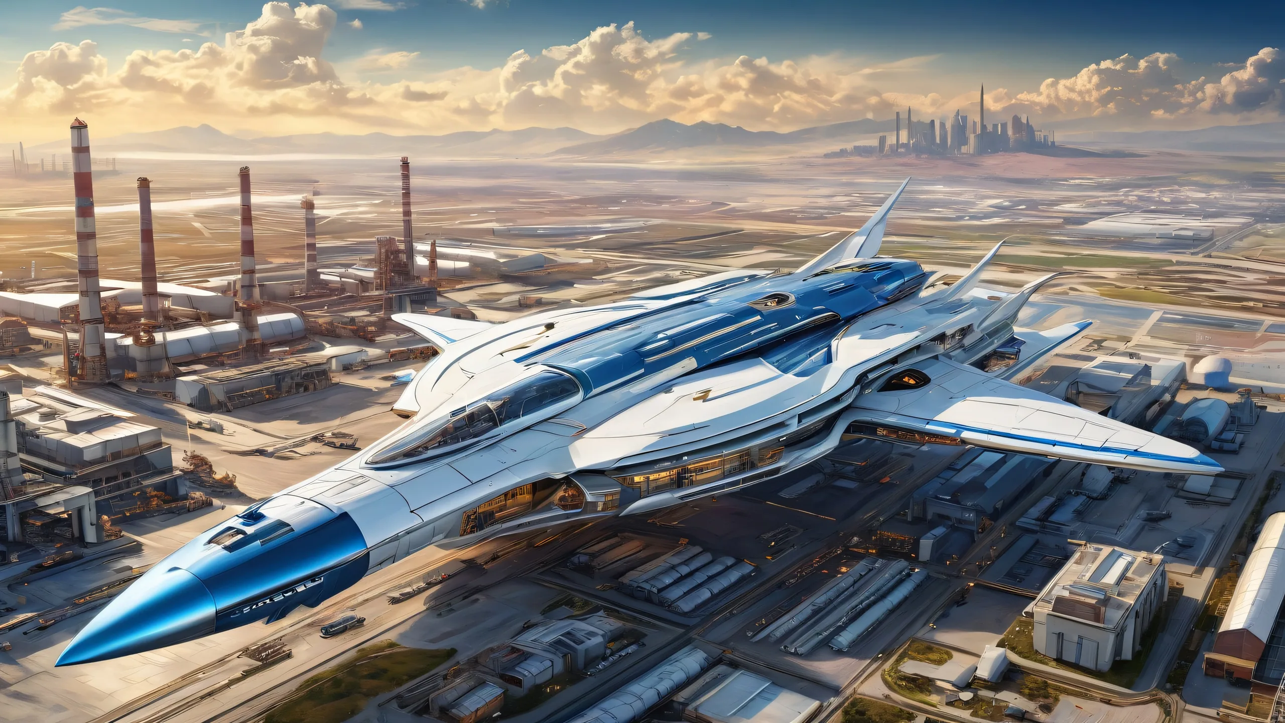 Spaceship in aerial view of factories and landscape for Desktop/PC background